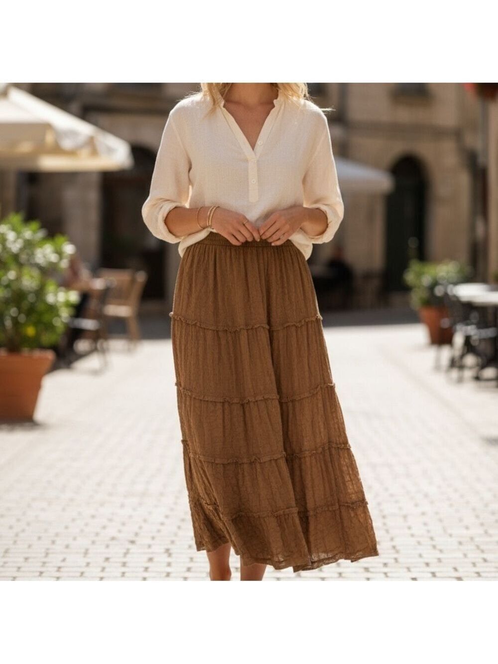 Personal Identity Tiered Maxi Skirt Brown Size L